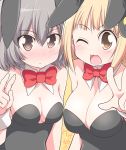 2girls ;d animal_ears bare_shoulders blonde_hair blush bow bowtie breasts brown_eyes bunny_hair_ornament bunnysuit celebi_ryousangata character_request cleavage detached_collar eyebrows_visible_through_hair fake_animal_ears grey_hair hair_ornament large_breasts looking_at_viewer medium_breasts multiple_girls one_eye_closed open_mouth pink_eyes rabbit_ears red_bow red_bowtie short_hair smile uzanee!! v 