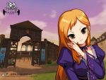  1girl 2003 blonde_hair brown_eyes dress frilled_dress frills gate head_tilt ilsa_(mabinogi) long_hair looking_at_viewer mabinogi neck_ribbon outdoors purple_dress ribbon smile twilight wallpaper watermark web_address 