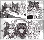  4girls animal_ears artist_request bare_shoulders bell black_hair black_sclera blush bow breasts burning_eyes cat_ears cheshire_cat_(monster_girl_encyclopedia) collar comic disembodied_limb dog_ears english fur grey_skin greyscale hair_bow hellhound large_breasts long_hair manticore_(monster_girl_encyclopedia) monochrome monster_girl monster_girl_encyclopedia multicolored_hair multiple_girls open_mouth petting raijuu_(monster_girl_encyclopedia) smile spiked_collar spikes tail two-tone_hair typo 