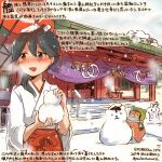  1girl 2017 black_hair blush breath commentary_request curtains dated grey_eyes hamster houshou_(kantai_collection) japanese_clothes kantai_collection kirisawa_juuzou long_hair miko non-human_admiral_(kantai_collection) numbered open_mouth oriental_umbrella ponytail rensouhou-chan snow snowman temple traditional_media translation_request twitter_username umbrella 