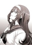  1girl bonkara_(sokuseki_maou) breasts commentary_request from_side gradient gradient_background greyscale hairband hand_in_hair long_hair looking_at_viewer monochrome neckerchief open_mouth sailor_collar school_uniform sidelocks small_breasts solo tohno_akiha tsukihime upper_body 