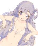  1girl asari_nanami bangs bare_shoulders bikini_top blue_eyes blue_hair blush bottomless breasts collarbone commentary_request fish_hair_ornament hair_ornament idolmaster idolmaster_cinderella_girls jewelry kawata_hisashi long_hair navel open_mouth simple_background sketch small_breasts solo swimsuit upper_body white_background white_bikini_top 