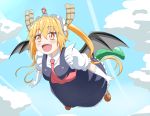  2girls :d blonde_hair blush clouds dragon_girl dragon_tail flying giantess gloves hair_between_eyes horns kobayashi-san_chi_no_maidragon kobayashi_(maidragon) maid maid_headdress multiple_girls necktie open_mouth red_eyes redhead sky slit_pupils smile tail tooru_(maidragon) trg_(pixiv) twintails white_gloves 