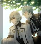  2boys black_gloves blonde_hair gloves green_hair hand_on_own_knee higekiri_(touken_ranbu) hizamaru_(touken_ranbu) jacket_on_shoulders leaf male_focus mizuhara_aki multiple_boys smile touken_ranbu yellow_eyes 