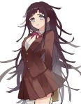  1girl arms_behind_back bandaged_leg bandaid blush dangan_ronpa dangan_ronpa_3 grey_eyes long_hair looking_at_viewer messy_hair mole mole_under_eye pleated_skirt purple_hair red_ribbon ribbon school_uniform simple_background skirt smile solo super_dangan_ronpa_2 tsumiki_mikan unagi_(515816703) very_long_hair violet_eyes white_background 