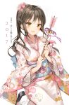  1girl 2017 anmi arrow bangs bell bird blush breasts brown_eyes brown_hair commentary_request cowboy_shot eyebrows_visible_through_hair flamingo floating_hair floral_print flower hair_flower hair_ornament half-closed_eyes hamaya happy_new_year highres holding_arrow japanese_clothes jingle_bell kimono kotoyoro long_hair looking_at_viewer medium_breasts mole mole_under_mouth new_year obi original parted_lips pink_flower purple_ribbon ribbon sandals sash simple_background smile socks solo standing standing_on_one_leg translated white_background white_kimono white_legwear 