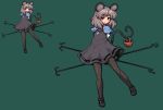  1girl animal_ears arms_behind_back bangs basket black_dress black_legwear black_shoes capelet closed_mouth dowsing_rod dress eyebrows_visible_through_hair full_body green_background grey_hair jewelry looking_at_viewer mouse mouse_ears mouse_tail multiple_views nazrin necklace pantyhose pendant pixel_art red_eyes shoes simple_background smile standing tail takorin touhou 