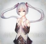  1girl bangs bare_shoulders black_skirt blue_eyes closed_mouth cowboy_shot dated detached_sleeves fingers_together floating_hair hair_between_eyes happy_birthday hatsune_miku looking_at_viewer munuu shirt silver_hair skirt sleeveless sleeveless_shirt smile solo twintails vocaloid 
