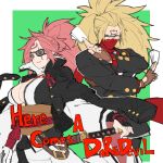  1boy 1girl absurdres amputee answer_(guilty_gear) baiken big_hair breasts business_card cleavage eyepatch face_mask fighting_stance formal glasses green_eyes guilty_gear guilty_gear_xrd highres large_breasts long_hair makai mask ninja one-eyed over-rim_glasses pink_hair ponytail red_eyes scar scar_across_eye semi-rimless_glasses suit third_eye 