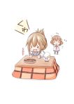 2girls =_= angry blush_stickers bowl brown_hair chibi clenched_hands closed_eyes commentary_request eggplant flying_sweatdrops folded_ponytail fujishima_shinnosuke hair_ornament hairclip ikazuchi_(kantai_collection) inazuma_(kantai_collection) kantai_collection kotatsu multiple_girls neckerchief open_mouth plate pleated_skirt rice rice_bowl school_uniform serafuku short_hair simple_background skirt spork table translation_request white_background 