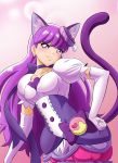  1girl animal_ears blush cat_ears cat_tail choker cure_macaron earrings elbow_gloves extra_ears food_themed_hair_ornament fuchi_(nightmare) gloves hair_ornament hand_on_hip jewelry kirakira_precure_a_la_mode kotozume_yukari layered_skirt long_hair looking_at_viewer magical_girl pink_background precure purple purple_hair purple_skirt ribbon skirt smile solo tail violet_eyes white_gloves 