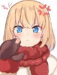  &gt;:( 1girl anger_vein black_gloves black_mittens blonde_hair blue_eyes blush bob_cut coat frown fur_trim girls_und_panzer gloves highres hole hole_in_mitten katyusha mittens red_scarf scarf short_hair solo untsue white_coat 