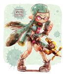  1girl aqua_hair aqua_shirt bangs bike_shorts black_shorts blunt_bangs dated domino_mask full_body harutarou_(orion_3boshi) holding holding_weapon ink_tank_(splatoon) inkling inkling_(language) long_hair looking_at_viewer mask paint_splatter pointy_ears print_shirt shirt shoes shorts single_vertical_stripe sneakers solo splash-o-matic_(splatoon) splatoon standing suction_bomb_(splatoon) tentacle_hair violet_eyes weapon white_shoes wristband 