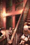  2girls apron blue_eyes book boots brown_eyes brown_hair capelet carrying check_commentary commentary commentary_request highres indoors ladder library long_hair medium_hair glassesjizou multiple_girls reading silver_hair sitting skirt stairs walking 