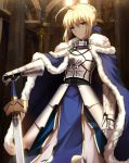  1girl ahoge armor bangs blonde_hair blue_dress blurry bokeh braid breastplate cloak closed_mouth depth_of_field dress excalibur eyebrows_visible_through_hair fate/stay_night fate_(series) faulds french_braid frown fur_trim gauntlets green_eyes hair_between_eyes highres holding holding_sword holding_weapon indoors light_particles looking_at_viewer pelvic_curtain saber shiguru short_hair_with_long_locks solo sword weapon 
