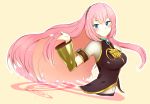  1girl agonasubi blue_eyes blush breasts closed_mouth detached_sleeves face hand_in_hair highres long_hair megurine_luka navel pink_hair simple_background sketch solo upper_body vocaloid 