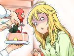  1girl ahoge blonde_hair cake crying crying_with_eyes_open dress_shirt food fruit hoshii_miki idolmaster ketchup long_hair momo_no_suidou_mizu o_o open_mouth out_of_frame pale_face plate shirt solo_focus strawberry tears trembling 