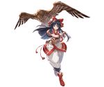  1girl ainu_clothes bird black_hair blue_eyes bow feathers fingerless_gloves full_body gloves granblue_fantasy hair_bow hair_ribbon hairband hawk holding holding_weapon japanese_clothes long_hair looking_at_viewer mamahaha minaba_hideo nakoruru official_art red_bow ribbon samurai_spirits shoes short_sleeves smile solo sword transparent_background weapon 