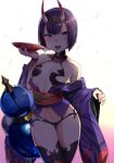  1girl alcohol blush cherry_blossoms cup dripping fangs fate/grand_order fate_(series) gourd horns japanese_clothes kimono looking_at_viewer off_shoulder omochi_no_kimochi oni oni_horns open_mouth purple_hair sakazuki sake sexually_suggestive shadow short_hair shuten_douji_(fate/grand_order) solo thigh-highs tongue tongue_out violet_eyes 