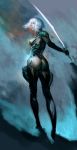  armor ass erect_nipples full_body glowing glowing_eyes green_eyes highres ikeda_masateru lips looking_up medium_hair nyx_(warframe) realistic silver_hair skin_tight sword warframe weapon 