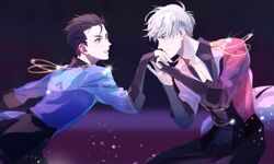  2boys black_hair blue_eyes brown_eyes en_(enxxx) epaulettes hand_kiss jewelry katsuki_yuuri kiss male_focus multiple_boys open_mouth ring silver_hair smile viktor_nikiforov yaoi yuri!!!_on_ice 