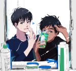  !? 2boys black_hair brown_eyes cellphone dark_skin dark_skinned_male en_(enxxx) glasses glasses_removed grey_eyes hands_together katsuki_yuuri male_focus mirror multiple_boys open_mouth phichit_chulanont phone self_shot smartphone smile yuri!!!_on_ice 