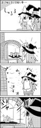  1girl 4koma apple bow comic food fruit greyscale hat highres kirisame_marisa kneeling long_hair monochrome oven potters_wheel pottery stool tani_takeshi touhou witch_hat yukkuri_shiteitte_ne 