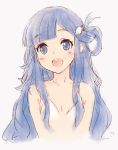  1girl asari_nanami bangs bare_shoulders bikini blue_eyes blue_hair blush breasts collarbone fish_hair_ornament hair_ornament idolmaster idolmaster_cinderella_girls jewelry kawata_hisashi long_hair open_mouth simple_background sketch small_breasts smile solo swimsuit upper_body white_background white_bikini 