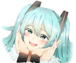  1girl agonasubi blush eyebrows eyebrows_visible_through_hair eyelashes green_eyes green_hair hair_ornament hands hatsune_miku long_hair looking_at_viewer open_mouth simple_background sketch smile solo_focus teeth twintails vocaloid white_background 