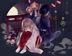  1boy 1girl ahoge back-to-back bell black_hair brown_hair closed_eyes female_saniwa_(touken_ranbu) flower full_moon hakama japanese_clothes long_hair miko moon namazuo_toushirou ponytail rope saniwa_(touken_ranbu) shimenawa sitting smoke tabi torii touken_ranbu very_long_hair zek_(zecola) 