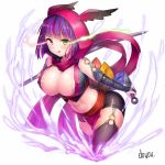  1girl :q black_legwear breasts cleavage doyouwantto green_eyes heterochromia hood katana kunai large_breasts looking_at_viewer midriff multicolored_hair navel o-ring original pink_eyes pink_hair purple_hair scarf short_hair signature skirt solo sword thigh-highs tongue tongue_out weapon 