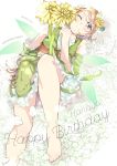  1girl ;) absurdres barefoot birthday blush brown_hair character_name dandelion dated detached_sleeves english fairy fairy_wings flower hair_flower hair_ornament happy_birthday highres holding holding_flower kasukasu_(tomato_heya) koizumi_hanayo love_live! love_live!_school_idol_project lying on_back one_eye_closed short_hair smile solo sunflower violet_eyes wings 