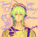  1boy antenna_hair bright_pupils capricorn green_hair hair_between_eyes happy_birthday headphones male_focus naitou-kun nitro+_chiral orange_background red_eyes simple_background smile solo yamada_uiro 