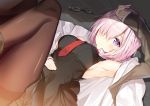  1girl arm_up armpits bare_shoulders bed_sheet black_legwear blush breasts eyebrows_visible_through_hair fate/grand_order fate_(series) glasses glasses_removed glint hair_over_one_eye hand_on_forehead hand_on_own_stomach legs_up looking_at_viewer lying medium_breasts necktie necomi_(gussan) on_back pantyhose purple_hair red_necktie shielder_(fate/grand_order) short_hair sideboob skirt solo thighband_pantyhose violet_eyes 