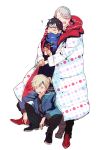  3boys ? ^_^ black_hair blonde_hair blue-framed_eyewear closed_eyes coat en_(enxxx) glasses green_eyes hug hug_from_behind katsuki_yuuri male_focus multiple_boys open_mouth oversized_clothes ponytail scarf silver_hair smile squatting viktor_nikiforov wavy_mouth yuri!!!_on_ice yuri_plisetsky 