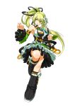  1girl absurdres black_boots black_ribbon boots breasts cleavage clenched_hand detached_sleeves elsword flower frills full_body green_eyes green_hair hair_flower hair_ornament hair_ribbon highres knee_boots long_hair official_art pointy_ears ponytail rena_(elsword) ress ribbon smile solo transparent_background very_long_hair wind_sneaker_(elsword) 