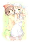  2girls :d adjusting_clothes adjusting_hat arm_up bangs beanie blonde_hair blush braid brown_hair commentary_request dress eyebrows_visible_through_hair female_protagonist_(pokemon_sm) floral_print green_eyes green_shorts hat heart highres hug hug_from_behind kuma_(happylocation) lillie_(pokemon) long_hair multiple_girls one_eye_closed open_mouth pokemon pokemon_(game) pokemon_sm red_hat shirt short_hair short_sleeves shorts sleeveless sleeveless_dress smile sun_hat swept_bangs tied_shirt twin_braids white_dress white_hat yellow_eyes yellow_shirt 