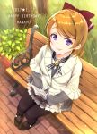  1girl bench black_legwear book bow brown_hair character_name dated from_above hair_bow happy_birthday highres holding holding_book koizumi_hanayo looking_at_viewer love_live! love_live!_school_idol_festival love_live!_school_idol_project mary_janes neck_ribbon open_book pantyhose park_bench plant planter potted_plant red_bow ribbon ricar shoes short_hair short_over_long_sleeves sitting skirt smile solo sweater twitter_username violet_eyes 