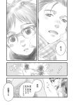 1boy 1girl brother_and_sister comic dorocoko glasses katsuki_mari katsuki_yuuri monochrome open_mouth ponytail scarf siblings smile translation_request younger yuri!!!_on_ice 