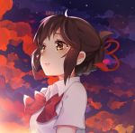 1girl artist_name artist_request black_hair brown_eyes clouds cloudy_sky commentary_request crying crying_with_eyes_open hair_ribbon kimi_no_na_wa miyamizu_mitsuha red_ribbon ribbon school_uniform sky tears upper_body 