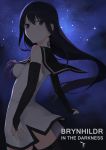  1girl akitaka_(pixiv12739753) black_hair black_legwear copyright_name detached_sleeves gokukoku_no_brynhildr highres kuroha_neko long_hair sky solo star_(sky) starry_sky thigh-highs violet_eyes 