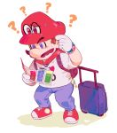  1boy ? backpack bag blue_eyes brown_hair cappy_(mario) confused eyebrows facial_hair full_body gloves hat heart highres holding male_focus map mario super_mario_bros. mmairo mustache nintendo nintendo_ead pants power_star scratching_head shirt short_sleeves standing super_mario_bros. super_mario_odyssey sweat watch 