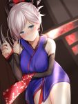  1girl blue_eyes blurry blush breasts depth_of_field detached_sleeves earrings fate/grand_order fate_(series) highres japanese_clothes jewelry large_breasts long_hair looking_at_viewer lying maosame miyamoto_musashi_(fate/grand_order) on_side ponytail smile solo thigh-highs wooden_floor 