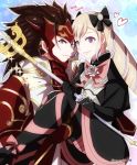  1girl armor black_hair blonde_hair bow c.c.r_(ccrgaoooo) carrying drill_hair elise_(fire_emblem_if) european_clothes fire_emblem fire_emblem_if hair_bow hair_ornament heart holding looking_at_viewer open_mouth princess_carry ryouma_(fire_emblem_if) simple_background skirt smile staff twin_drills twitter_username 