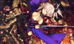  1girl black_legwear blonde_hair blue_eyes blurry blurry_background breasts cleavage detached_sleeves dual_wielding earrings fate/grand_order fate_(series) from_above hair_ornament japanese_clothes jewelry katana kawanakajima kimono large_breasts long_hair looking_at_viewer magatama miyamoto_musashi_(fate/grand_order) nature obi official_style outdoors ponytail sash scenery sheath smile solo sword thigh-highs weapon 