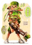  1boy 1girl backwards_hat bangs black_shorts blunt_bangs brown_eyes carrying closed_eyes domino_mask full_body goggles goggles_on_head green_hair green_hat hair_slicked_back harutarou_(orion_3boshi) hat holding holding_weapon inkling long_hair mask n-zap_(splatoon) parted_lips pointy_ears range_blaster_(splatoon) scrunchie scuba short_hair shorts shoulder_carry single_vertical_stripe snorkel splatoon standing sweat sweatdrop topknot weapon 