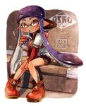  1girl arm_support backwards_hat bangs baseball_cap baseball_jersey bike_shorts black_shorts blue_hair blunt_bangs brown_eyes cup dated domino_mask drinking full_body harutarou_(orion_3boshi) hat inkling inkling_(language) logo long_hair looking_at_viewer mask pointy_ears red_shoes shoes short_over_long_sleeves shorts single_vertical_stripe sitting solo splatoon straw tentacle_hair 