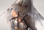  1girl altera_(fate) bare_shoulders dark_skin detached_sleeves fate/extella fate/extra fate_(series) flat_chest jewelry kachiino medium_hair necklace red_eyes short_hair solo veil white_hair 