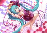  1girl aqua_eyes bare_shoulders barefoot blue_hair blurry checkered checkered_background crown depth_of_field detached_sleeves feet frilled_skirt frilled_sleeves frills fs hatsune_miku high_heels long_hair nail_polish petals project_diva_(series) romeo_to_cinderella_(vocaloid) shoes_removed skirt soles solo toes twintails very_long_hair vocaloid 