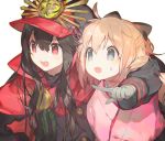  2girls ahoge arm_around_neck black_hair blonde_hair demon_archer fate/grand_order fate_(series) gloves grey_eyes hat japanese_clothes koha-ace multiple_girls namie-kun open_mouth pointing red_eyes sakura_saber shako_cap smile 